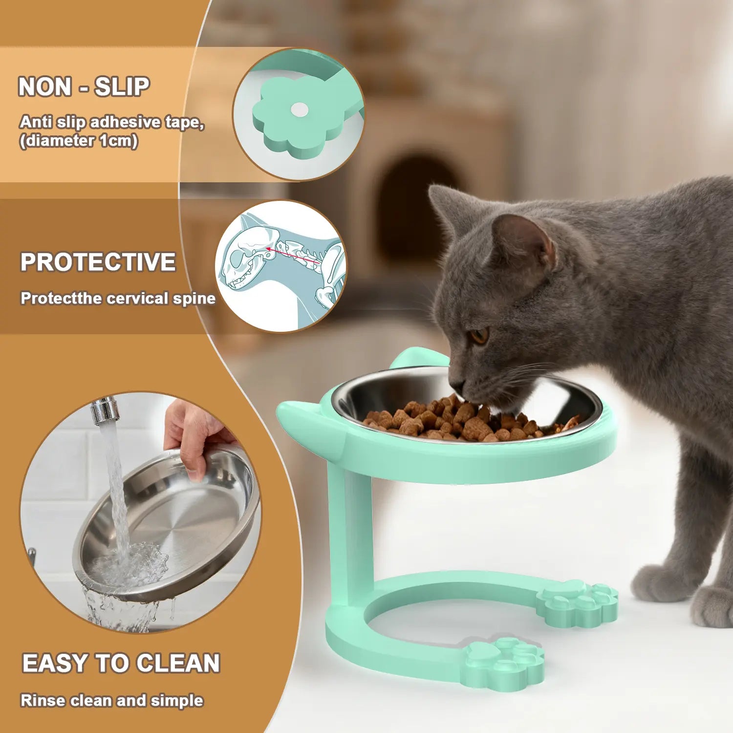 316 Stainless Steel Elevated Tilted Cat Bowl - Whisker-Friendly Neck Protection Raised Feeder with Anti-Slip Paw Stand, Elevated Slow Feeder, Portable Bowl for Visits and Trips, Smooth Steel Surface Wipes Clean Fast, Stays Put on Floor for Senior Cats