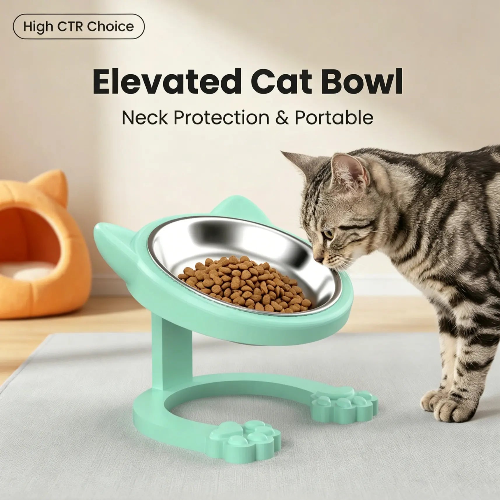 316 Stainless Steel Elevated Tilted Cat Bowl - Whisker-Friendly Neck Protection Raised Feeder with Anti-Slip Paw Stand, Elevated Slow Feeder, Portable Bowl for Visits and Trips, Smooth Steel Surface Wipes Clean Fast, Stays Put on Floor for Senior Cats