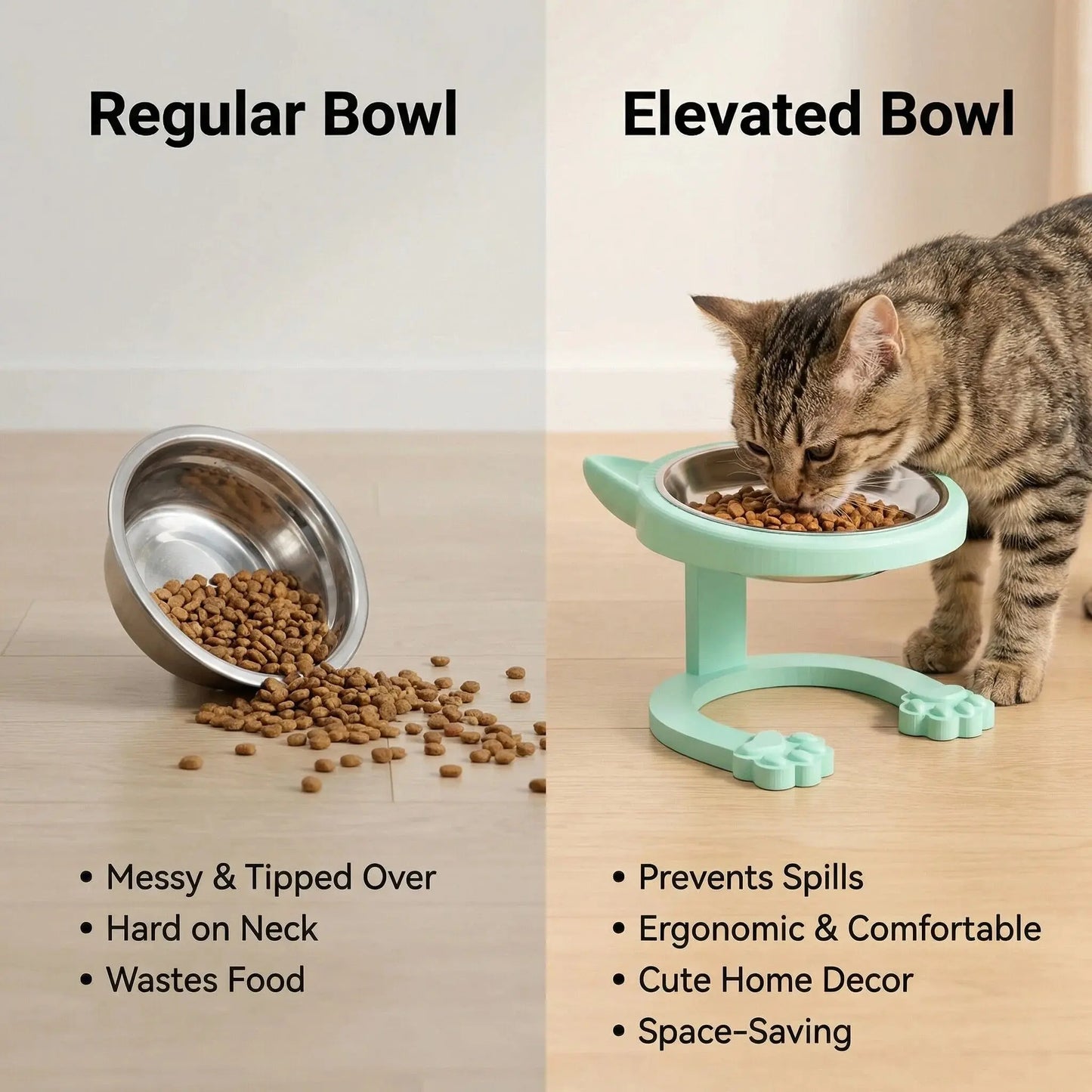 316 Stainless Steel Elevated Tilted Cat Bowl - Whisker-Friendly Neck Protection Raised Feeder with Anti-Slip Paw Stand, Elevated Slow Feeder, Portable Bowl for Visits and Trips, Smooth Steel Surface Wipes Clean Fast, Stays Put on Floor for Senior Cats