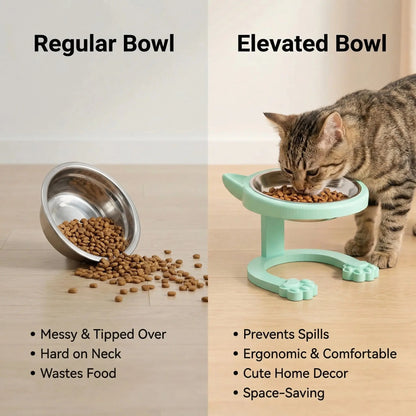 316 Stainless Steel Elevated Tilted Cat Bowl - Whisker-Friendly Neck Protection Raised Feeder with Anti-Slip Paw Stand, Elevated Slow Feeder, Portable Bowl for Visits and Trips, Smooth Steel Surface Wipes Clean Fast, Stays Put on Floor for Senior Cats