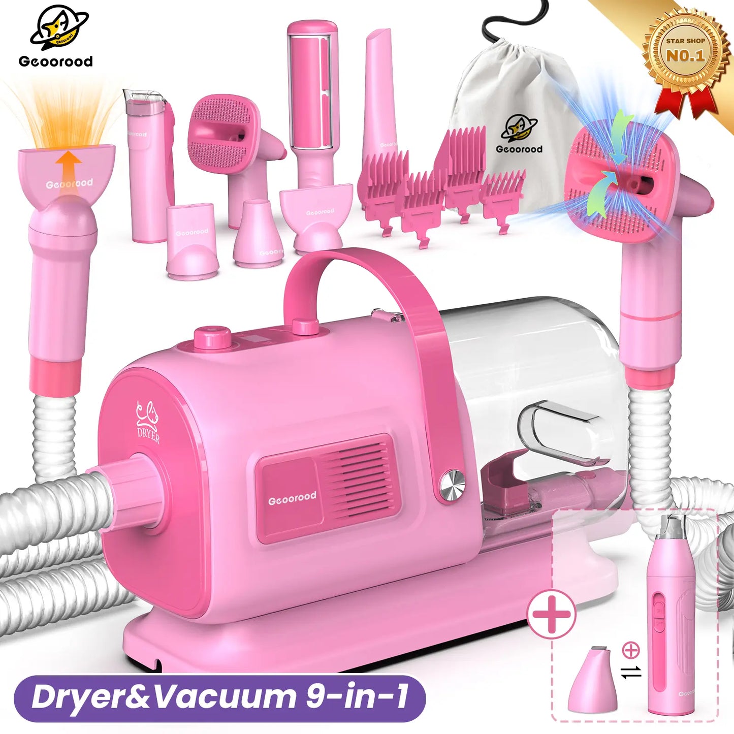 Geoorood 5-in-1 Dog Grooming Kit & Vacuum | 13kPa Suction, Extra-Large 2.5L Dust Cup & Stainless Steel Blades