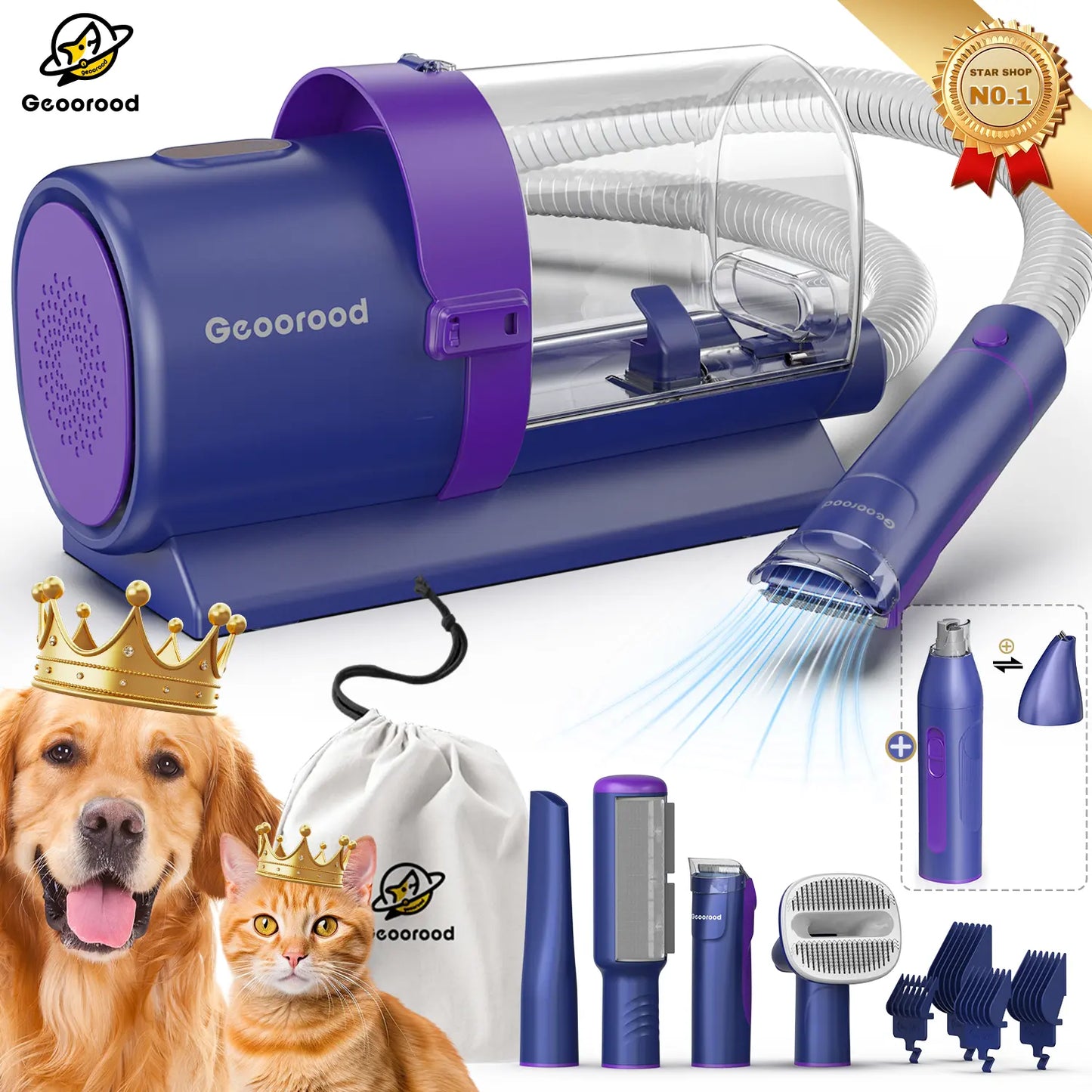 Geoorood 5-in-1 Dog Grooming Kit & Vacuum | 13kPa Suction, Extra-Large 2.5L Dust Cup & Stainless Steel Blades
