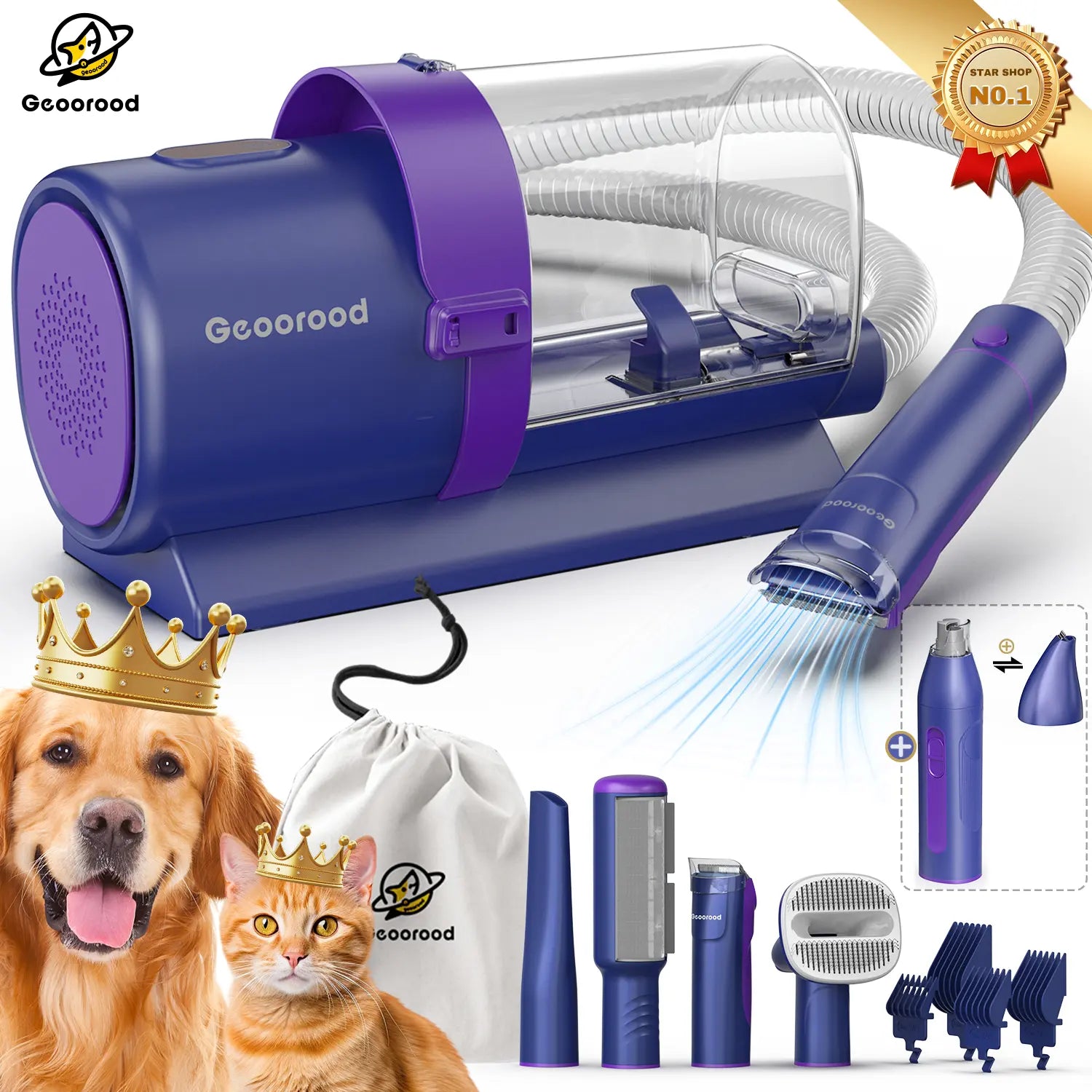 Geoorood 5-in-1 Dog Grooming Kit & Vacuum | 13kPa Suction, Extra-Large 2.5L Dust Cup & Stainless Steel Blades