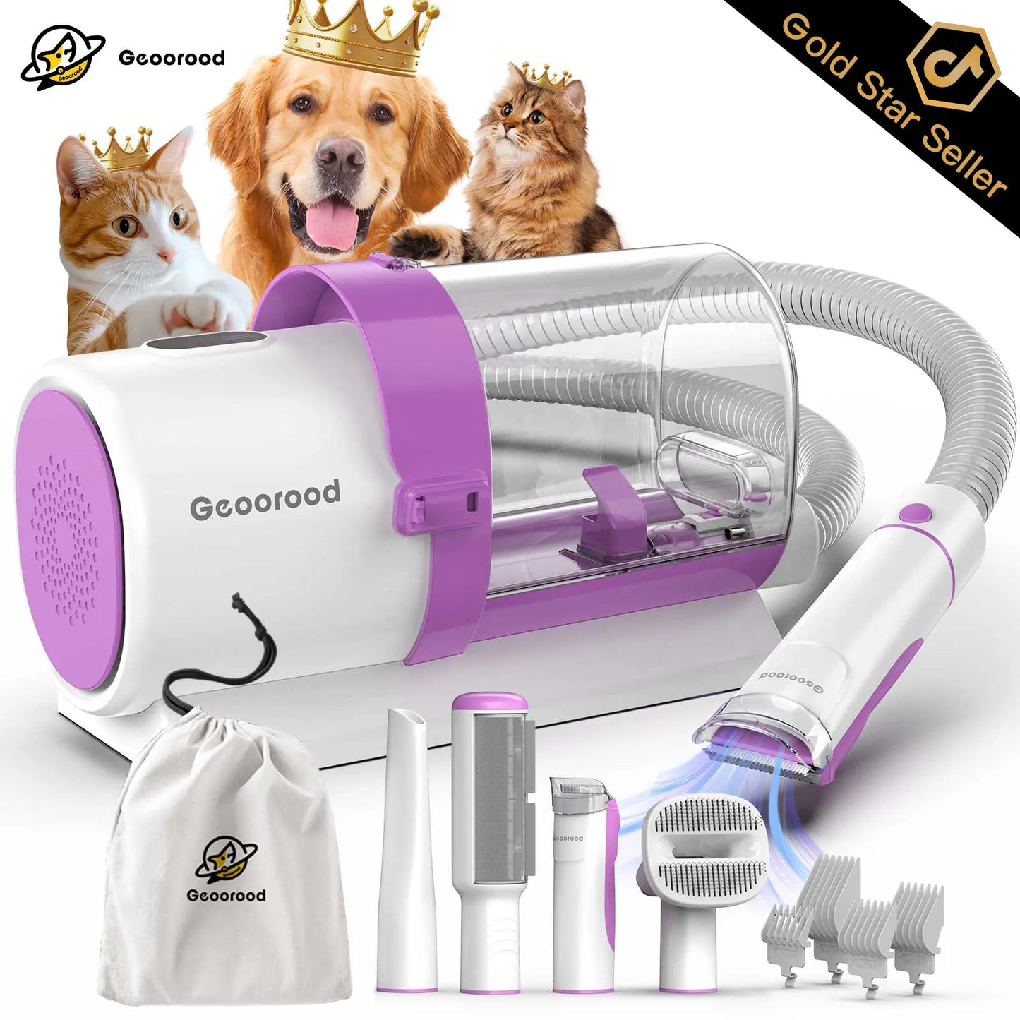 Geoorood 5-in-1 Dog Grooming Kit & Vacuum | 13kPa Suction, Extra-Large 2.5L Dust Cup & Stainless Steel Blades