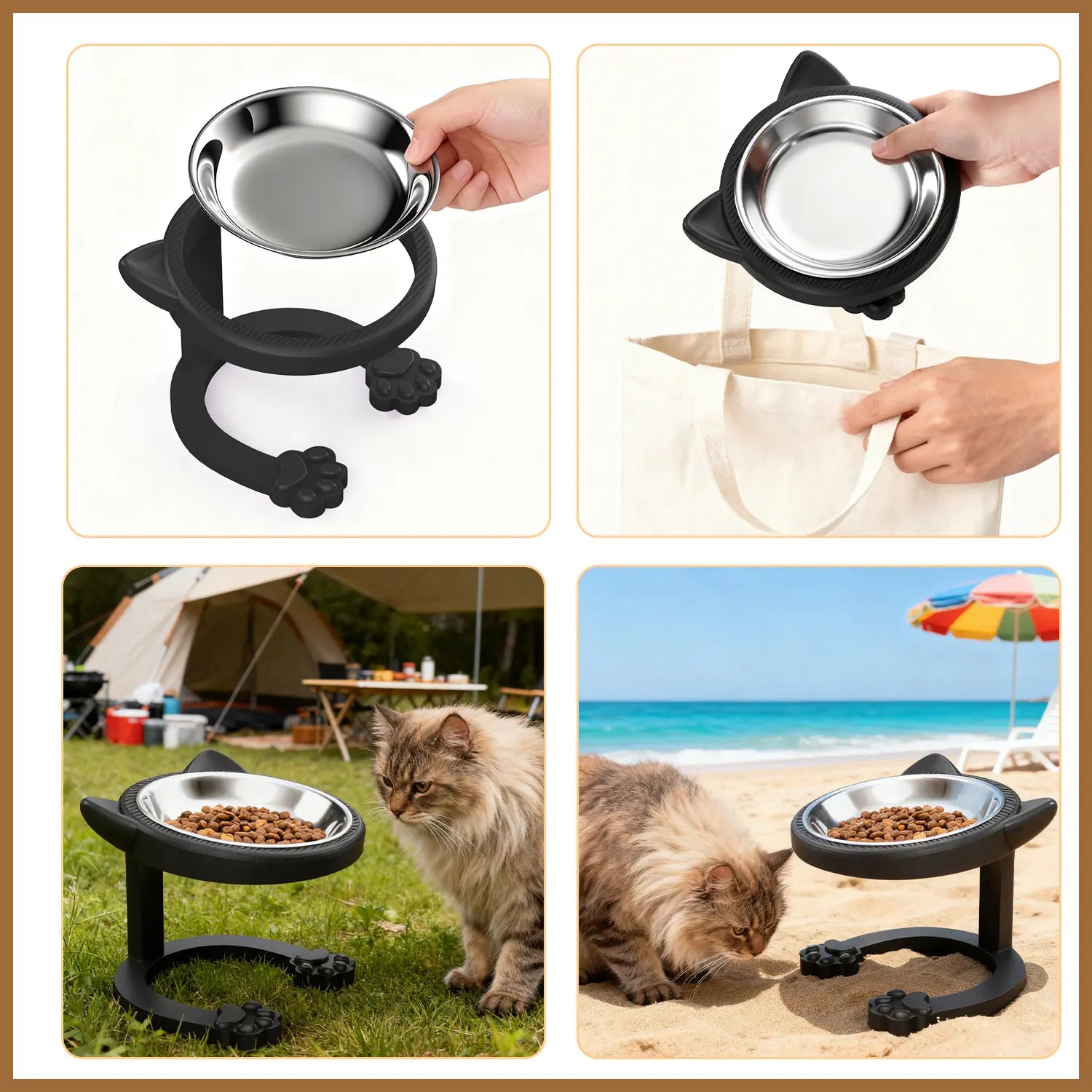 316 Stainless Steel Elevated Tilted Cat Bowl - Whisker-Friendly Neck Protection Raised Feeder with Anti-Slip Paw Stand, Elevated Slow Feeder, Portable Bowl for Visits and Trips, Smooth Steel Surface Wipes Clean Fast, Stays Put on Floor for Senior Cats
