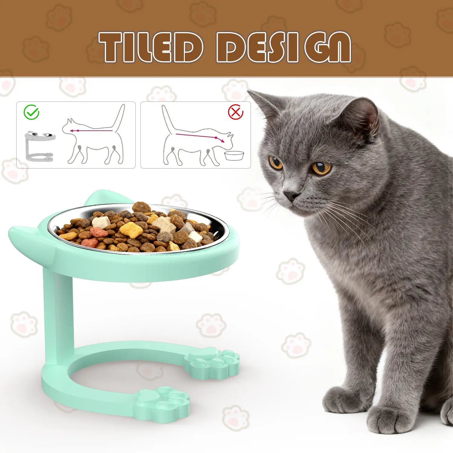 316 Stainless Steel Elevated Tilted Cat Bowl - Whisker-Friendly Neck Protection Raised Feeder with Anti-Slip Paw Stand, Elevated Slow Feeder, Portable Bowl for Visits and Trips, Smooth Steel Surface Wipes Clean Fast, Stays Put on Floor for Senior Cats
