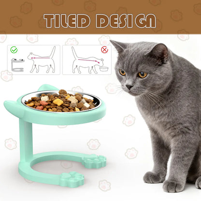 316 Stainless Steel Elevated Tilted Cat Bowl - Whisker-Friendly Neck Protection Raised Feeder with Anti-Slip Paw Stand, Elevated Slow Feeder, Portable Bowl for Visits and Trips, Smooth Steel Surface Wipes Clean Fast, Stays Put on Floor for Senior Cats