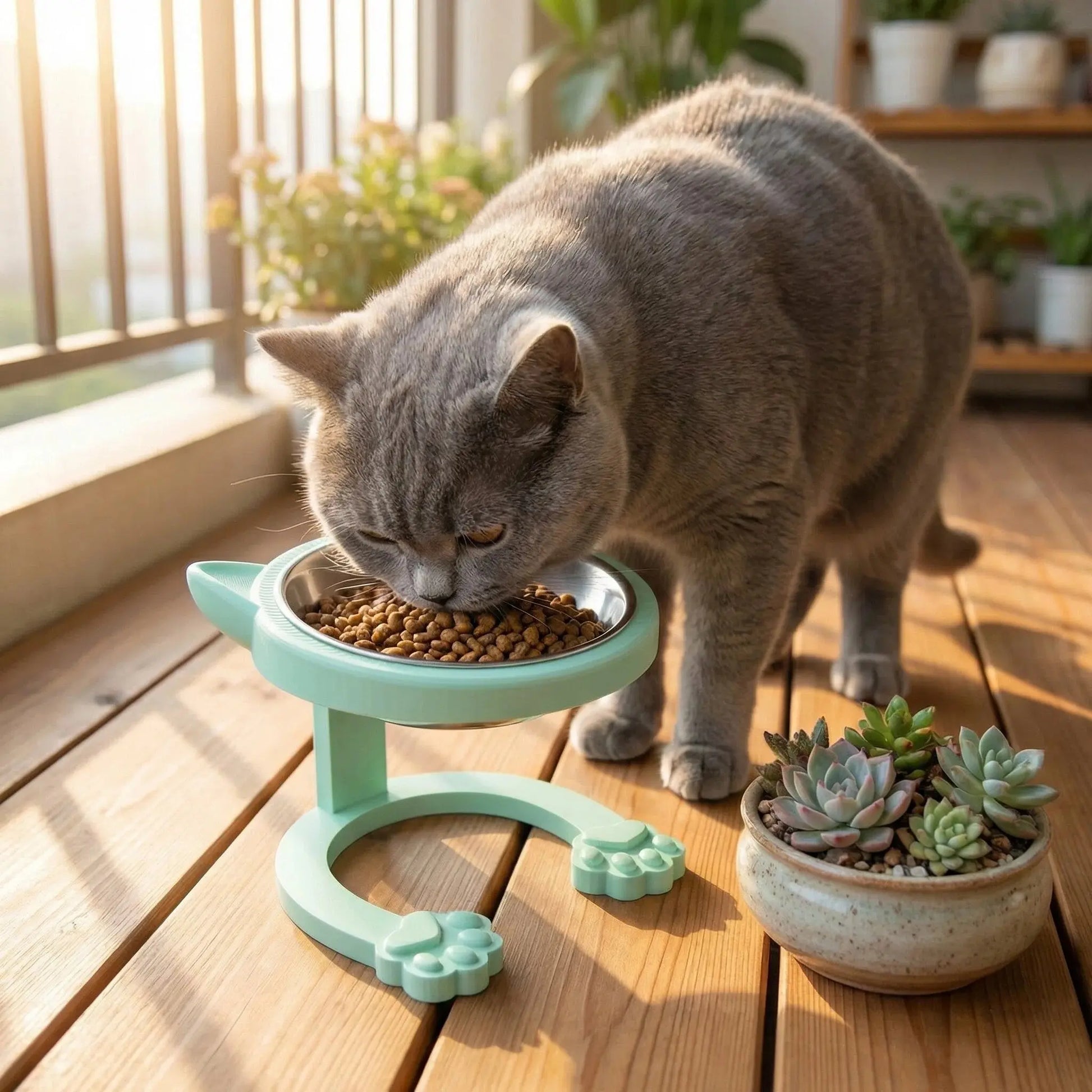 316 Stainless Steel Elevated Tilted Cat Bowl - Whisker-Friendly Neck Protection Raised Feeder with Anti-Slip Paw Stand, Elevated Slow Feeder, Portable Bowl for Visits and Trips, Smooth Steel Surface Wipes Clean Fast, Stays Put on Floor for Senior Cats