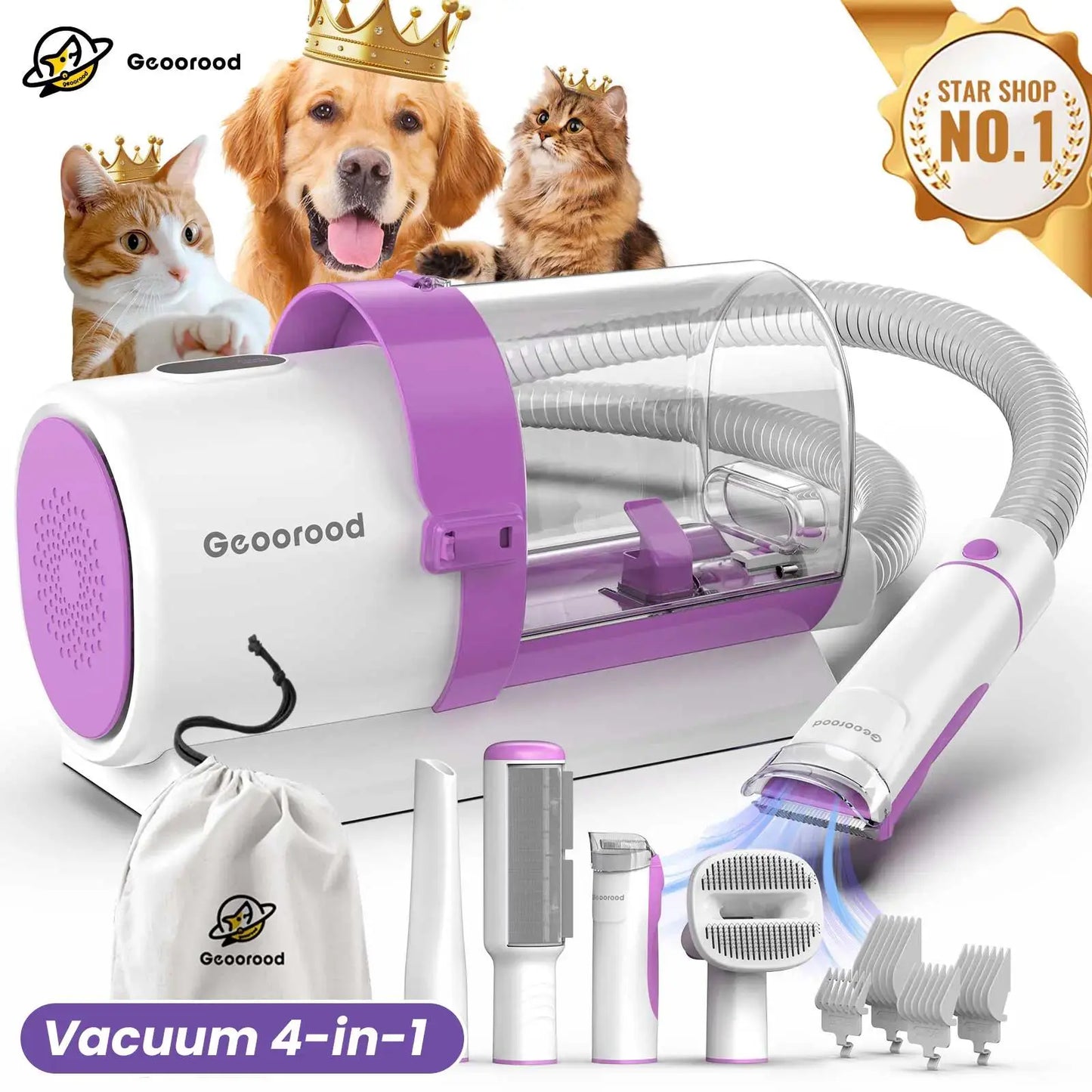 Geoorood 5-in-1 Dog Grooming Kit & Vacuum | 13kPa Suction, Extra-Large 2.5L Dust Cup & Stainless Steel Blades
