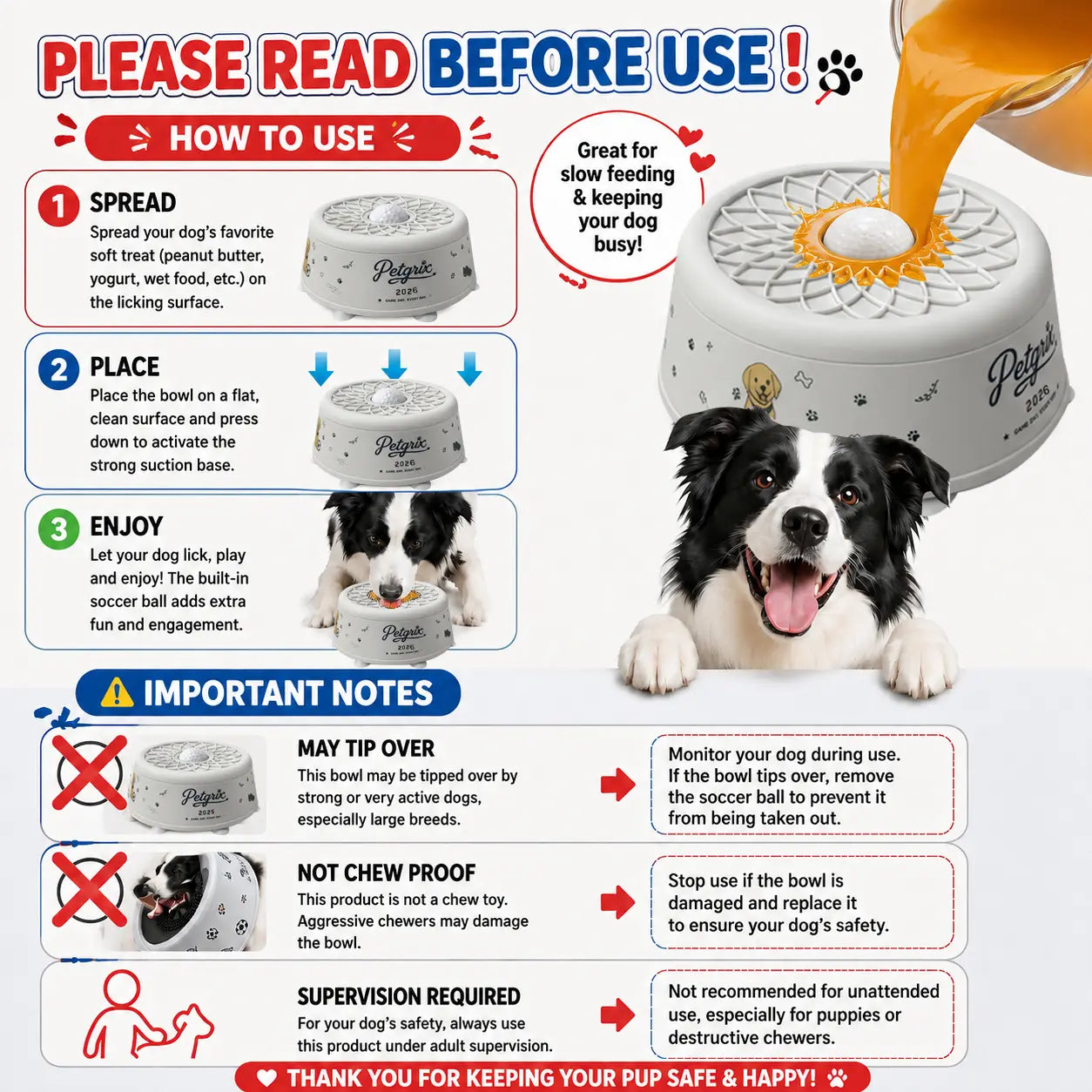 Petgrix Soccer Slow Feeder Dog Bowl | Interactive No-Spill Lick Bowl with Strong Suction Base for Peanut Butter & Wet Food