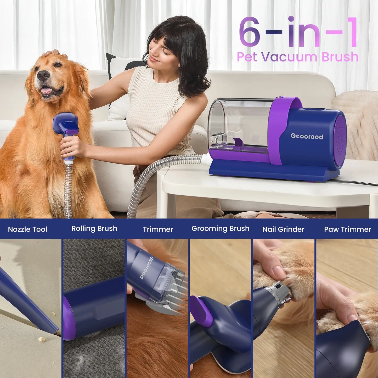 Geoorood 5-in-1 Dog Grooming Kit & Vacuum | 13kPa Suction, Extra-Large 2.5L Dust Cup & Stainless Steel Blades